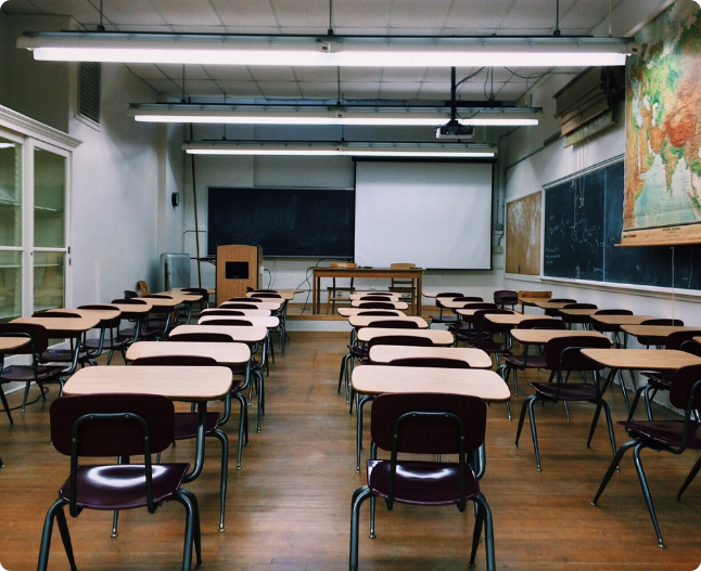 Empty school classroom prepared for safe reopening with COVID-19 testing support from InHouse Physicians.