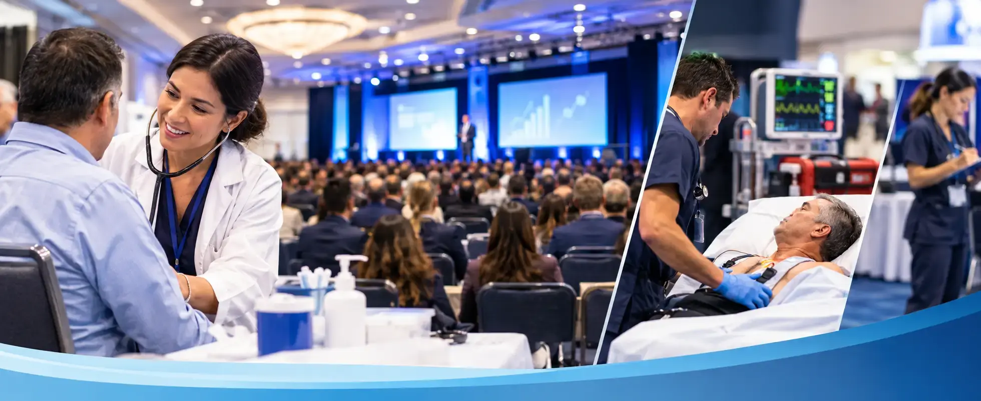 Physician examining an attendee in a conference hall while a medical team treats a patient on a stretcher, on-site cover by InHouse Physicians.